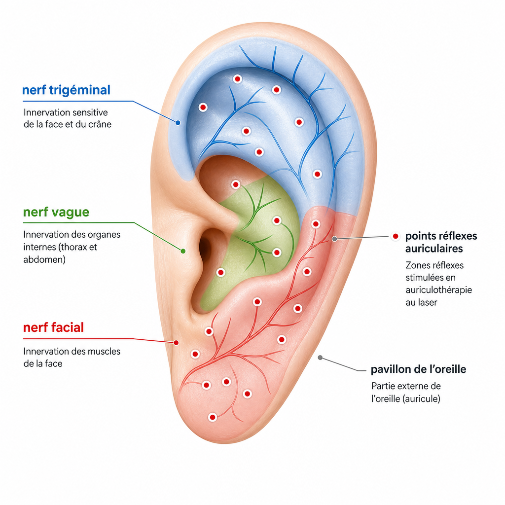 Schéma du pavillon de l'oreille avec les points réflexes, le nerf trigéminal, le nerf facial et le nerf vague utilisés en laser auriculothérapie