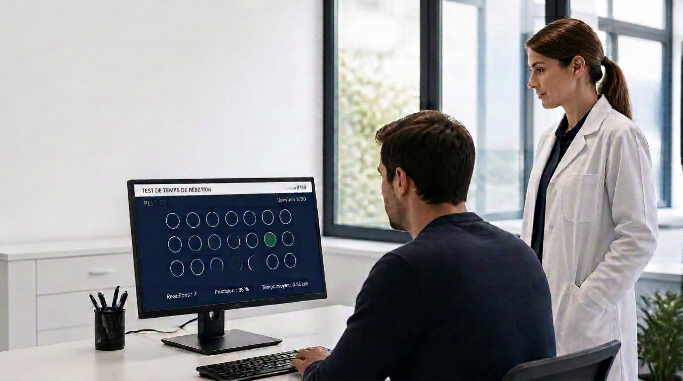 Centre de tests psychotechniques AVEKS — candidat réalisant un test sur ordinateur encadré par une psychologue