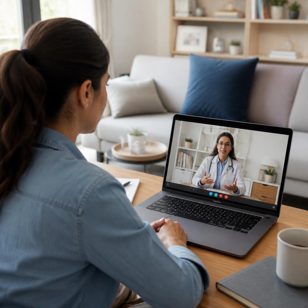 Patiente en téléconsultation vidéo sécurisée avec un praticien AVEKS depuis son domicile